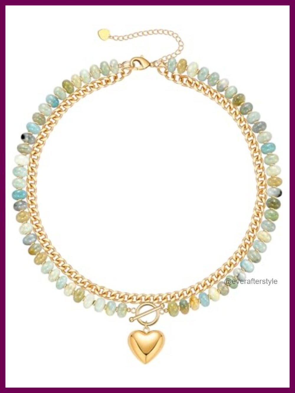 Gold Plated Stainless Steel Layered Beaded Necklace with Cuban Link Chain Heart